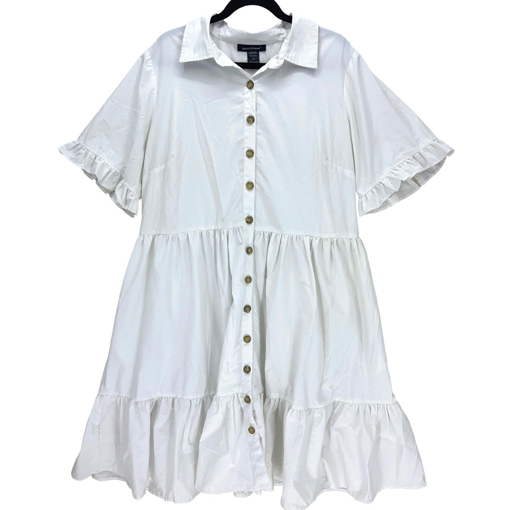 Ashley Stewart White Button-down Shirt Tiered Dress 14 Ruffle Sleeve Pockets